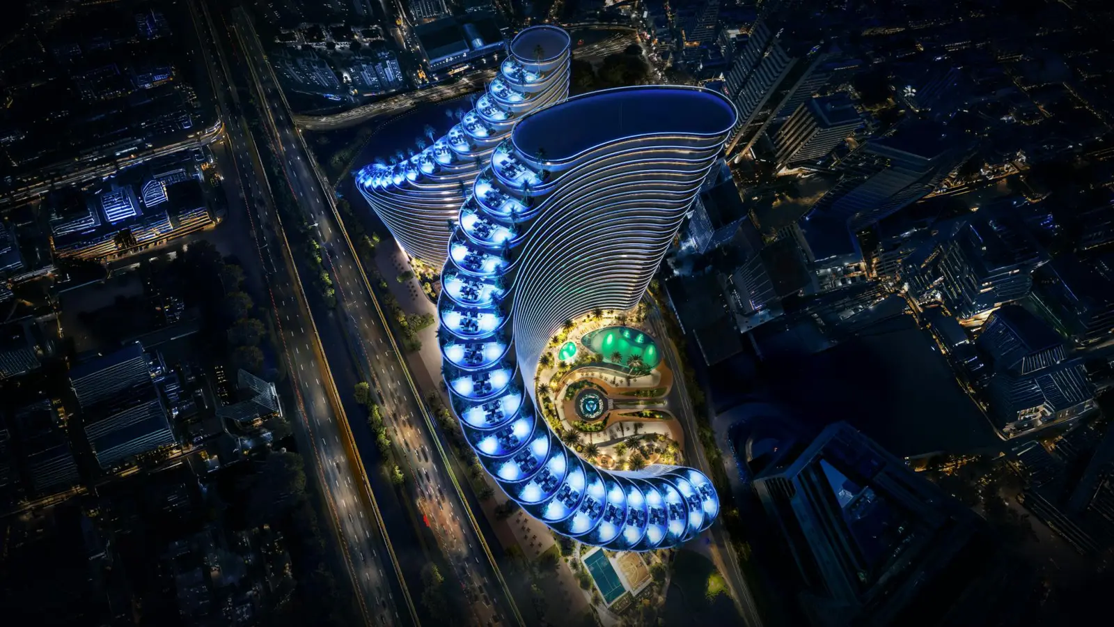 Aerial night view of the twin towers