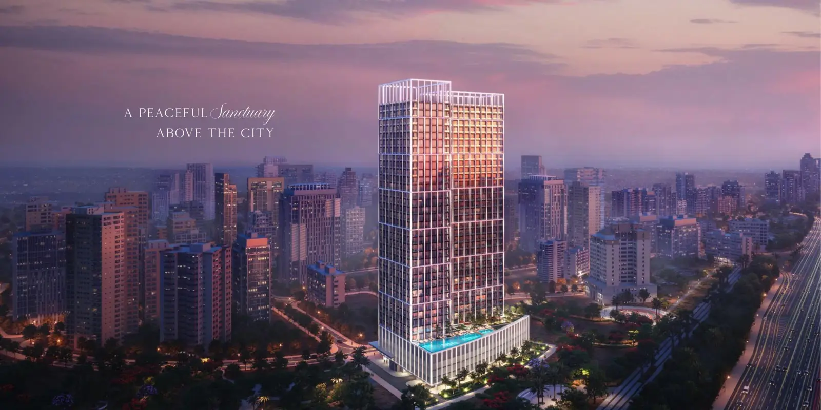 Tower at dusk with rooftop podium pool