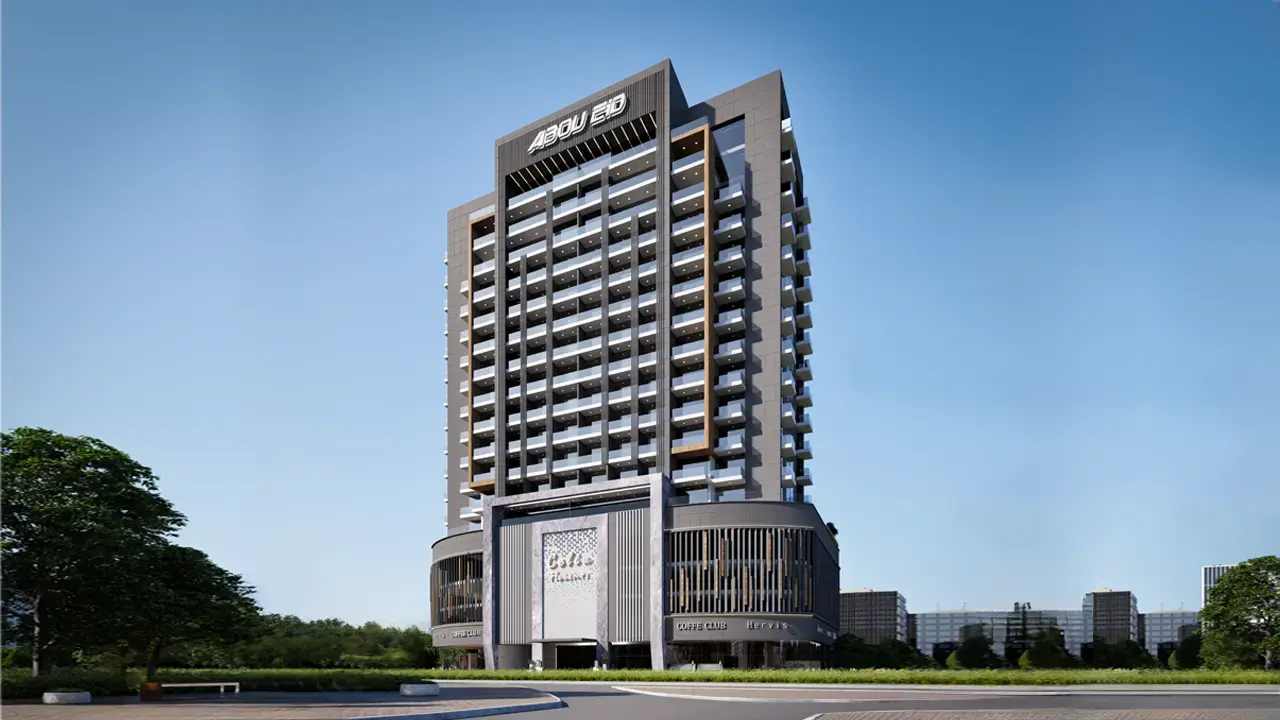 Full view of the tower with podium and Abou Eid sign