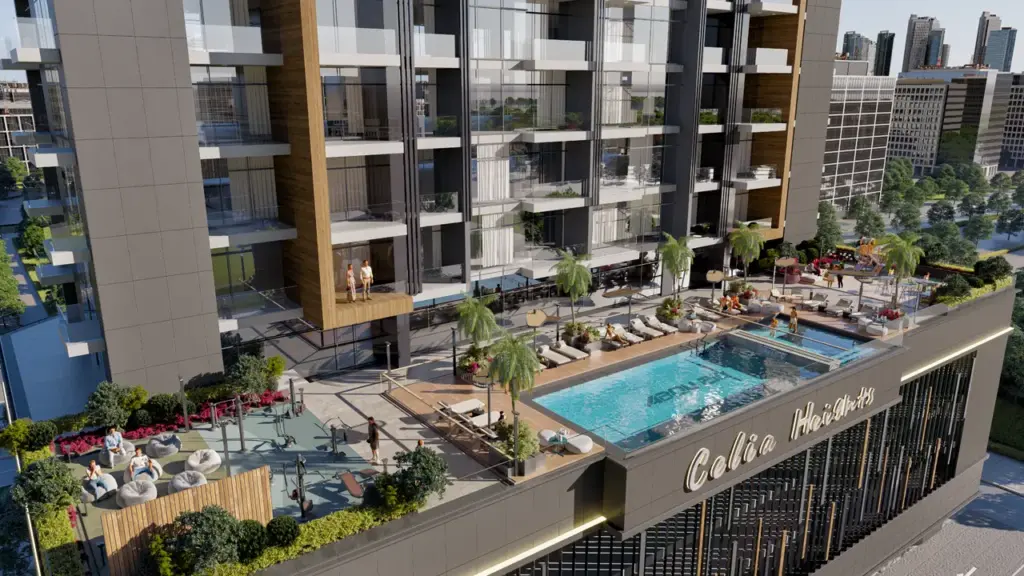 Aerial view of the rooftop pool and podium