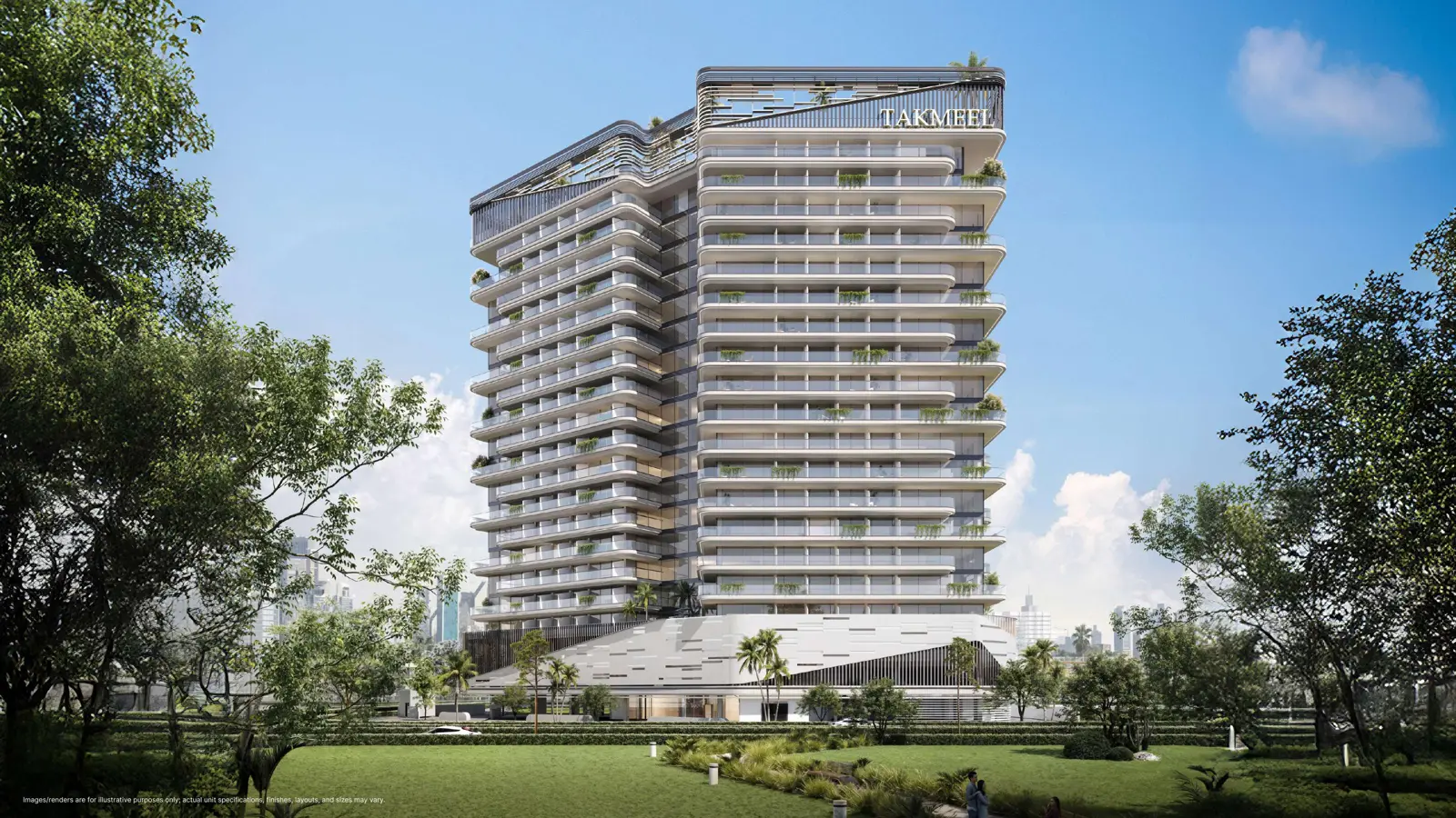 Tower with layered balconies seen from the park