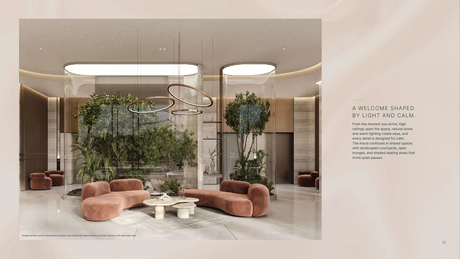 Lobby lounge with indoor trees and pink sofas