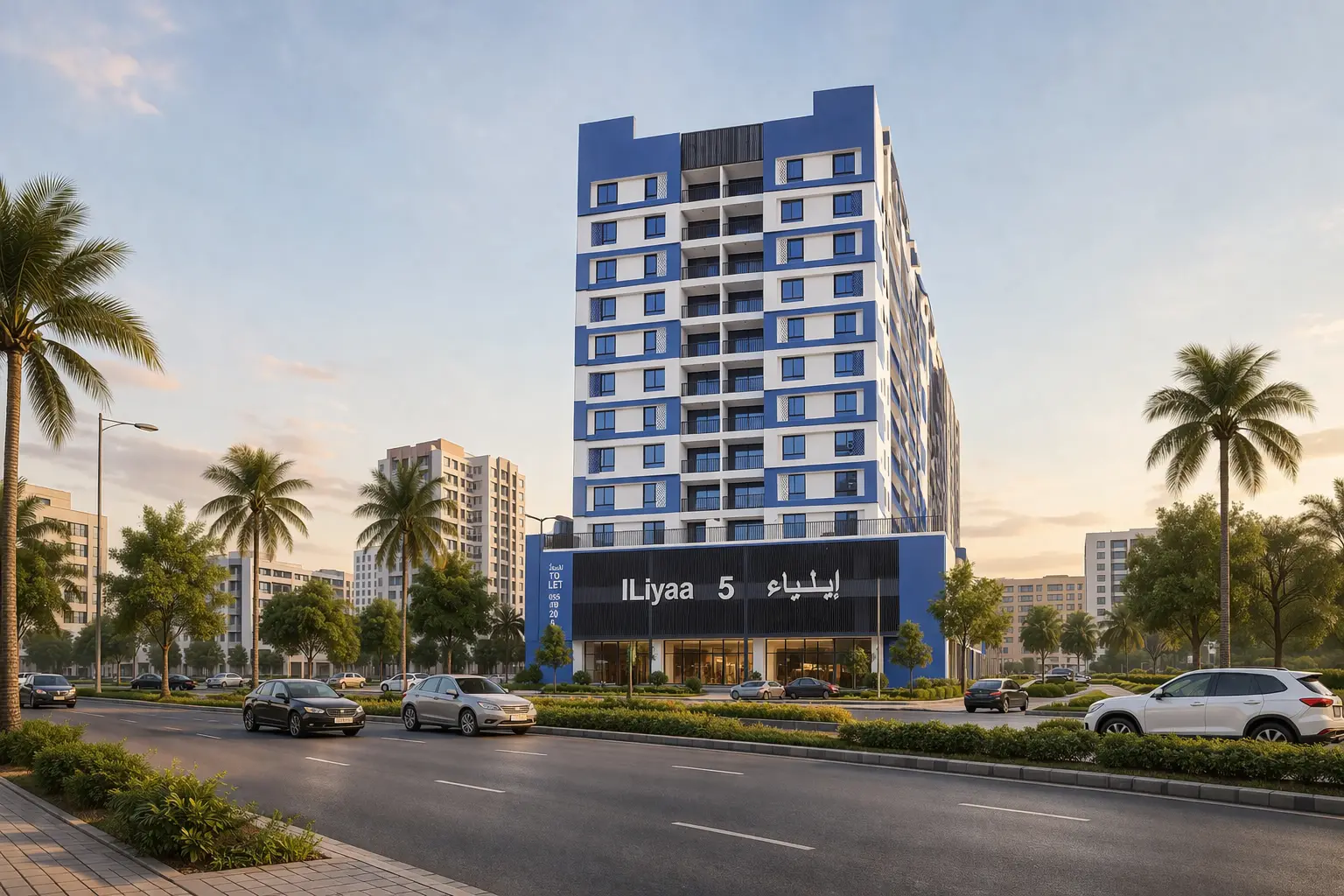 Street view of the blue and white Iliyaa 5 building