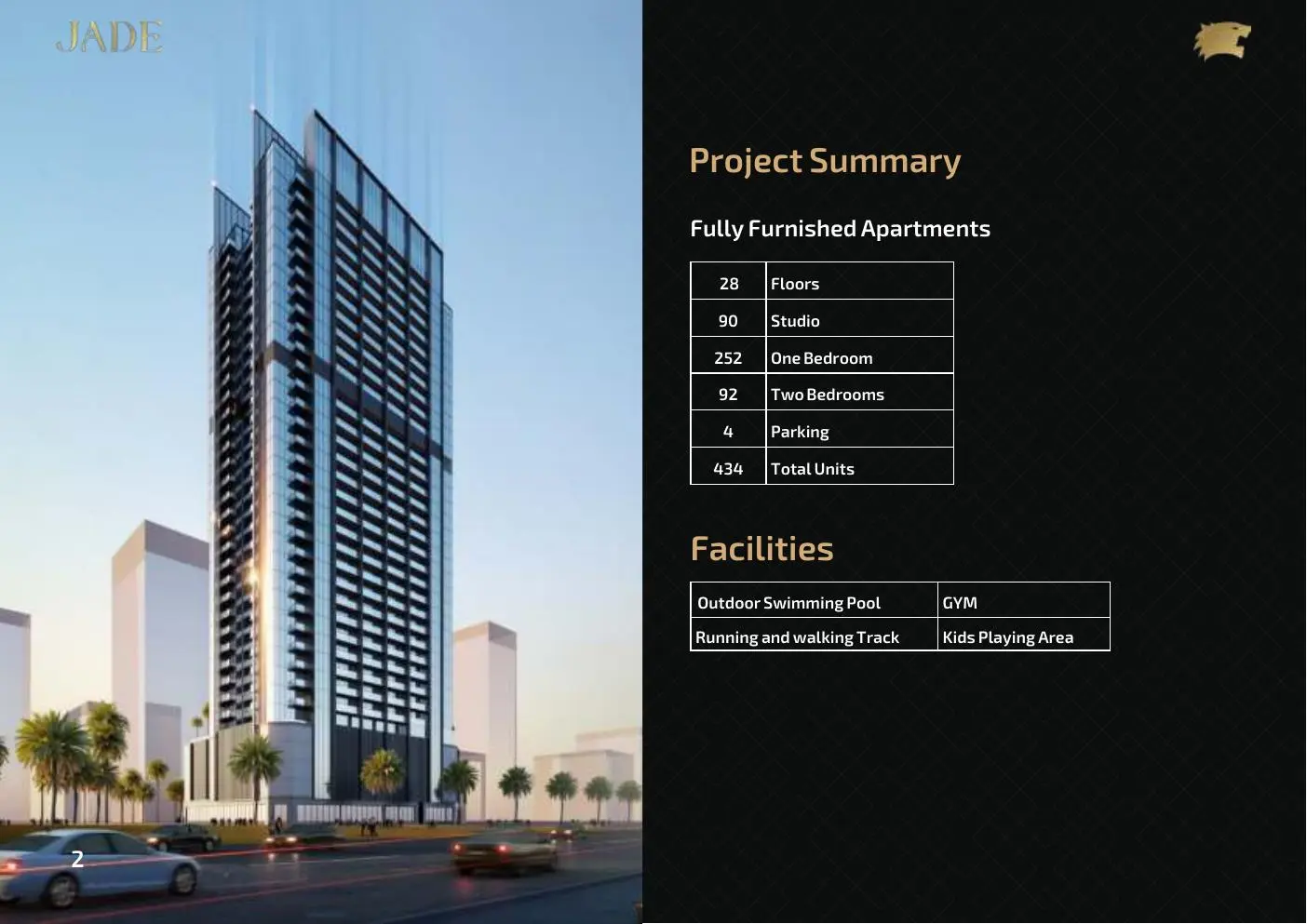 Jade Tower facade with project summary table