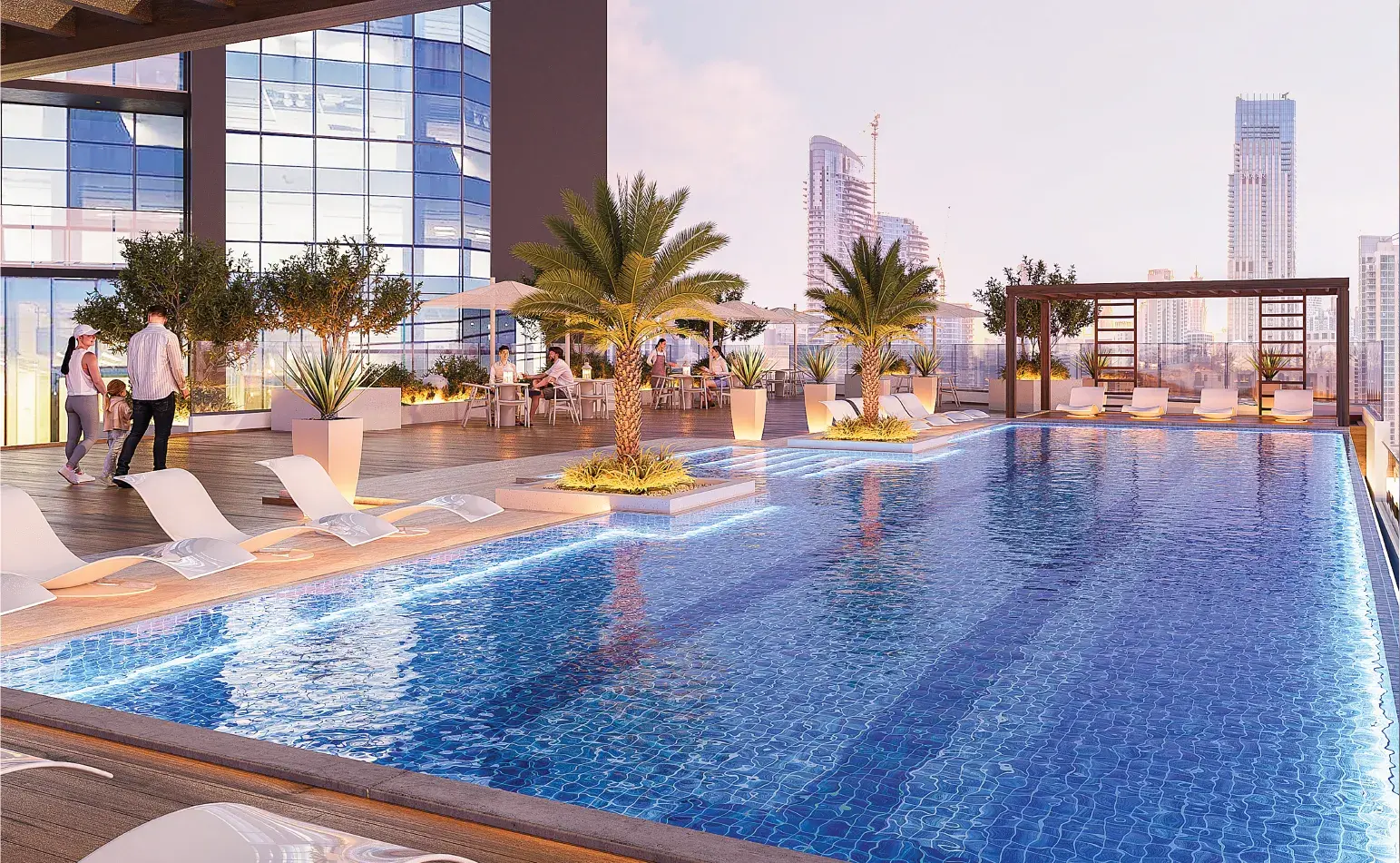 Pool deck with loungers and city skyline