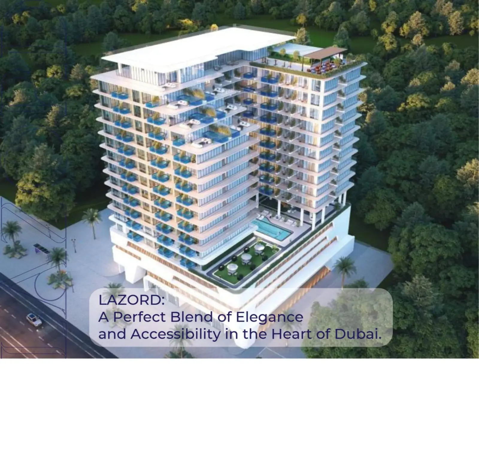 Aerial view of the tower, pool deck and roof terrace