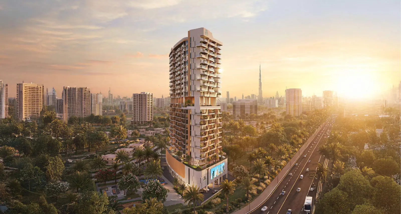 Tower at sunset above a tree-lined road