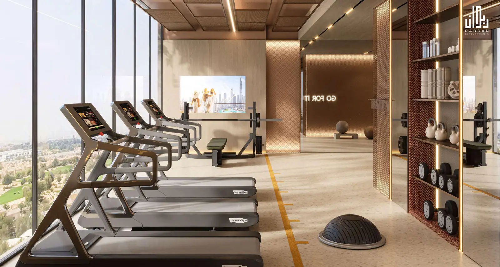 Gym with treadmills and floor-to-ceiling windows