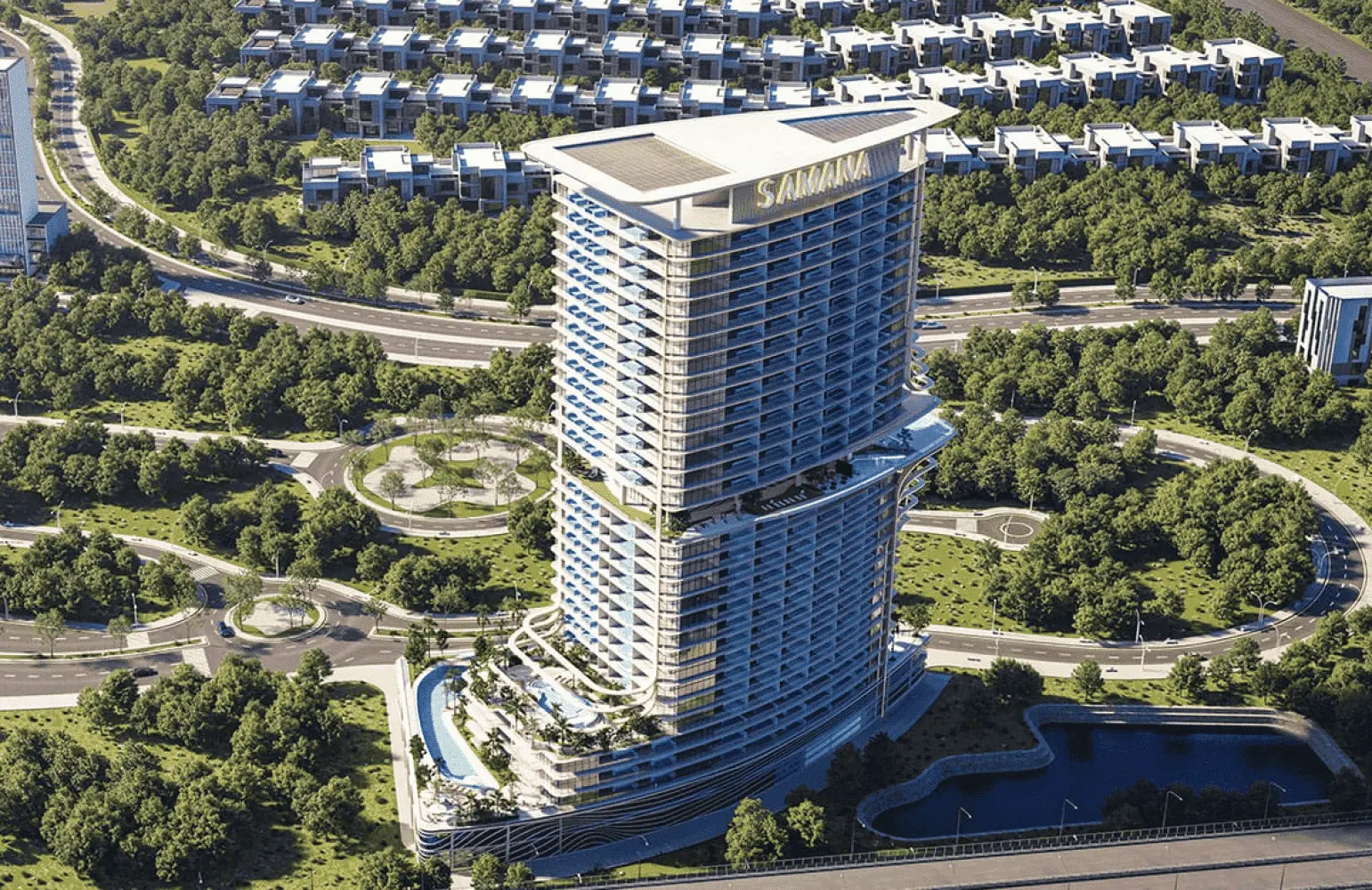 Aerial view of the tower among green surroundings