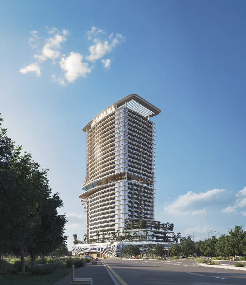 Street view of the tower against blue sky