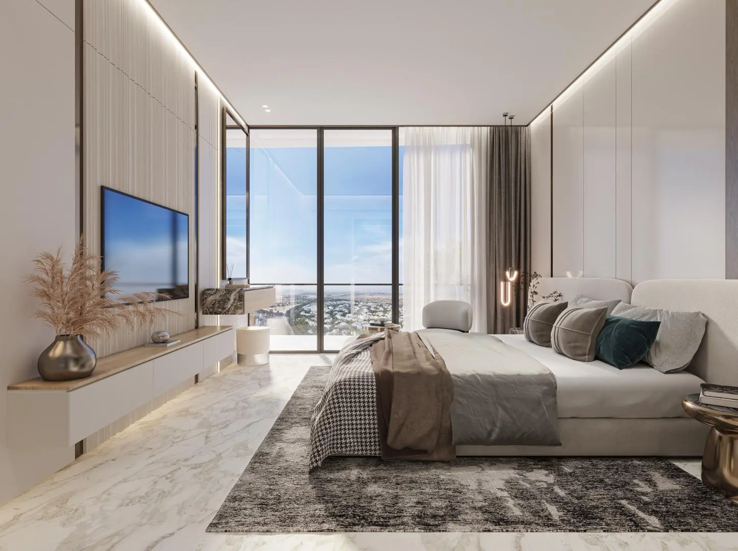 Bedroom with TV wall and floor-to-ceiling windows