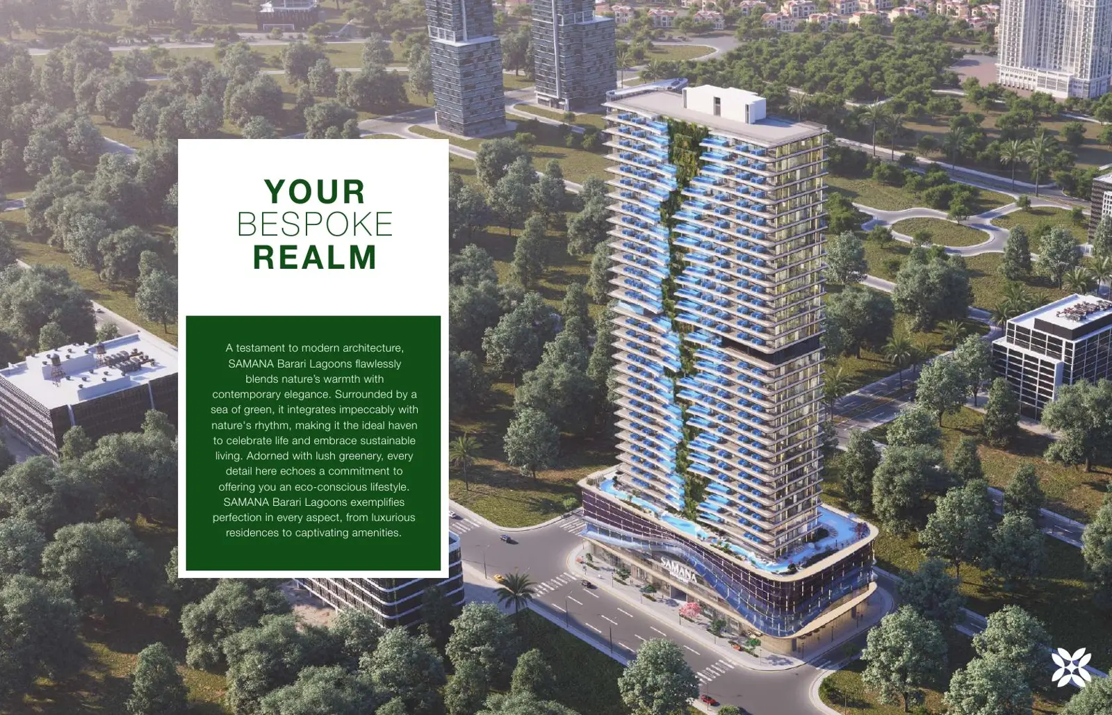 Aerial view of the tower with green facade strip