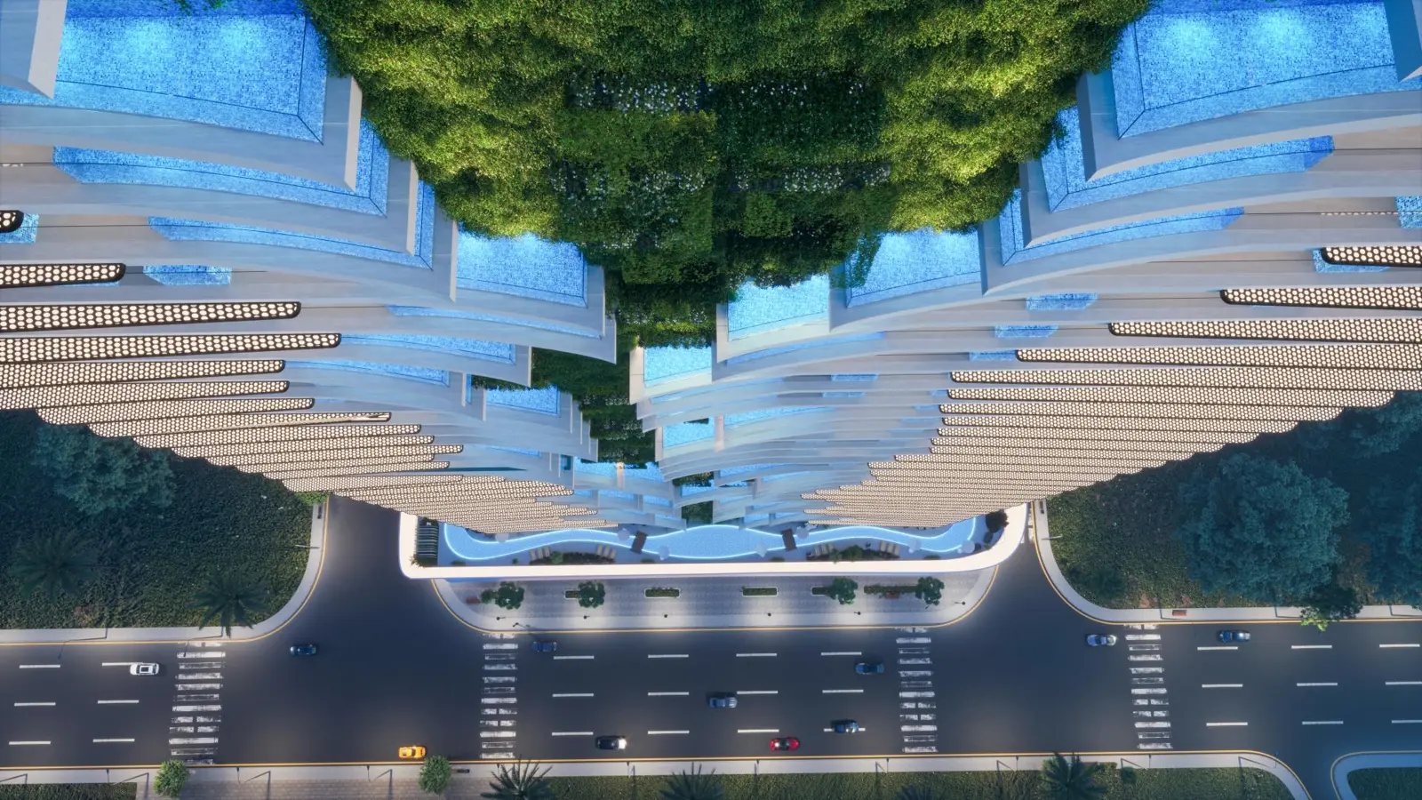 Top-down view of tower with balcony pools