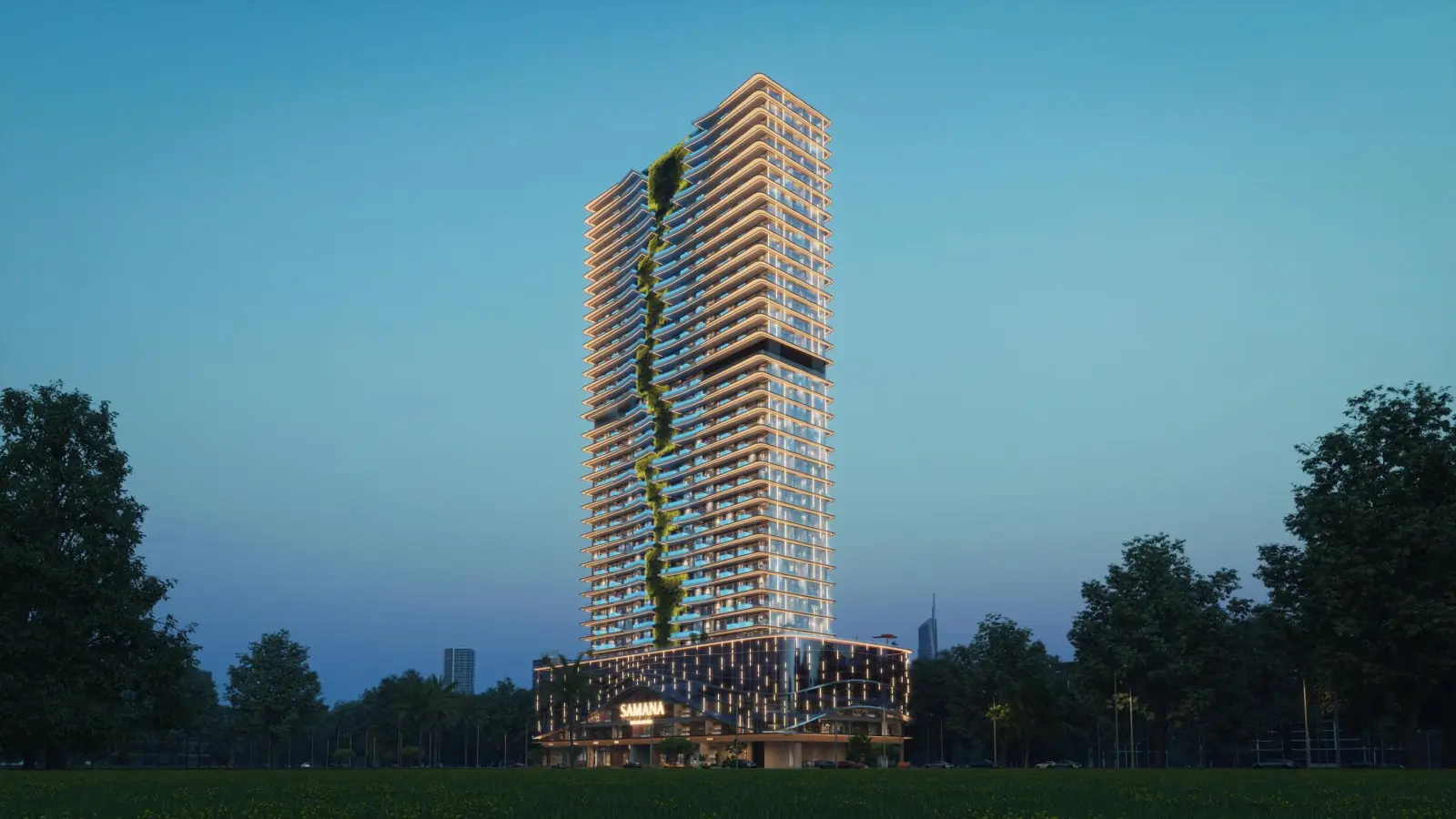Tower at dusk with lit facade and green strip
