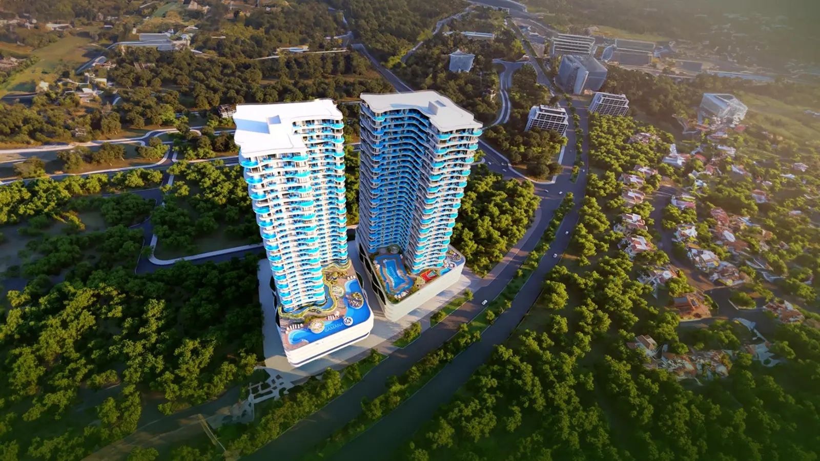 Aerial view of both towers among trees