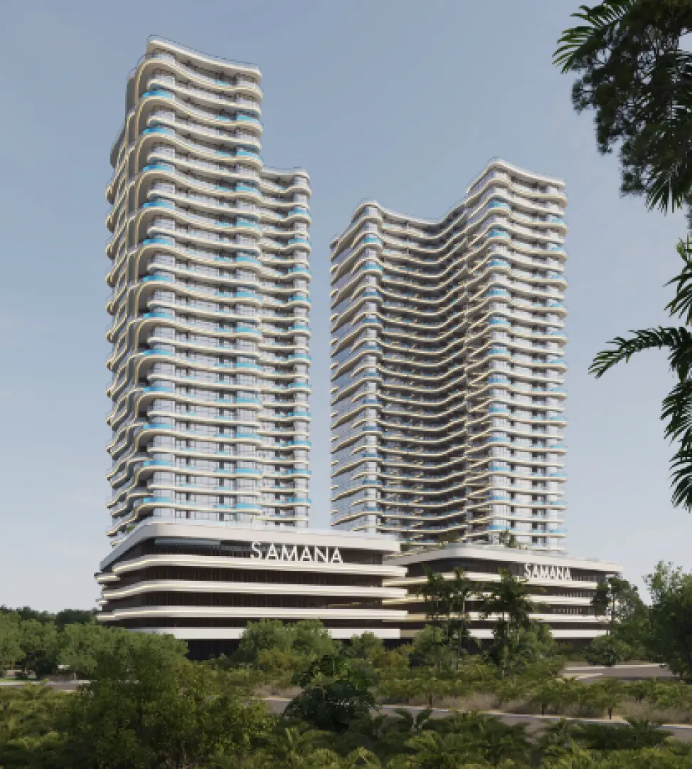 Twin towers with podium and Samana signs