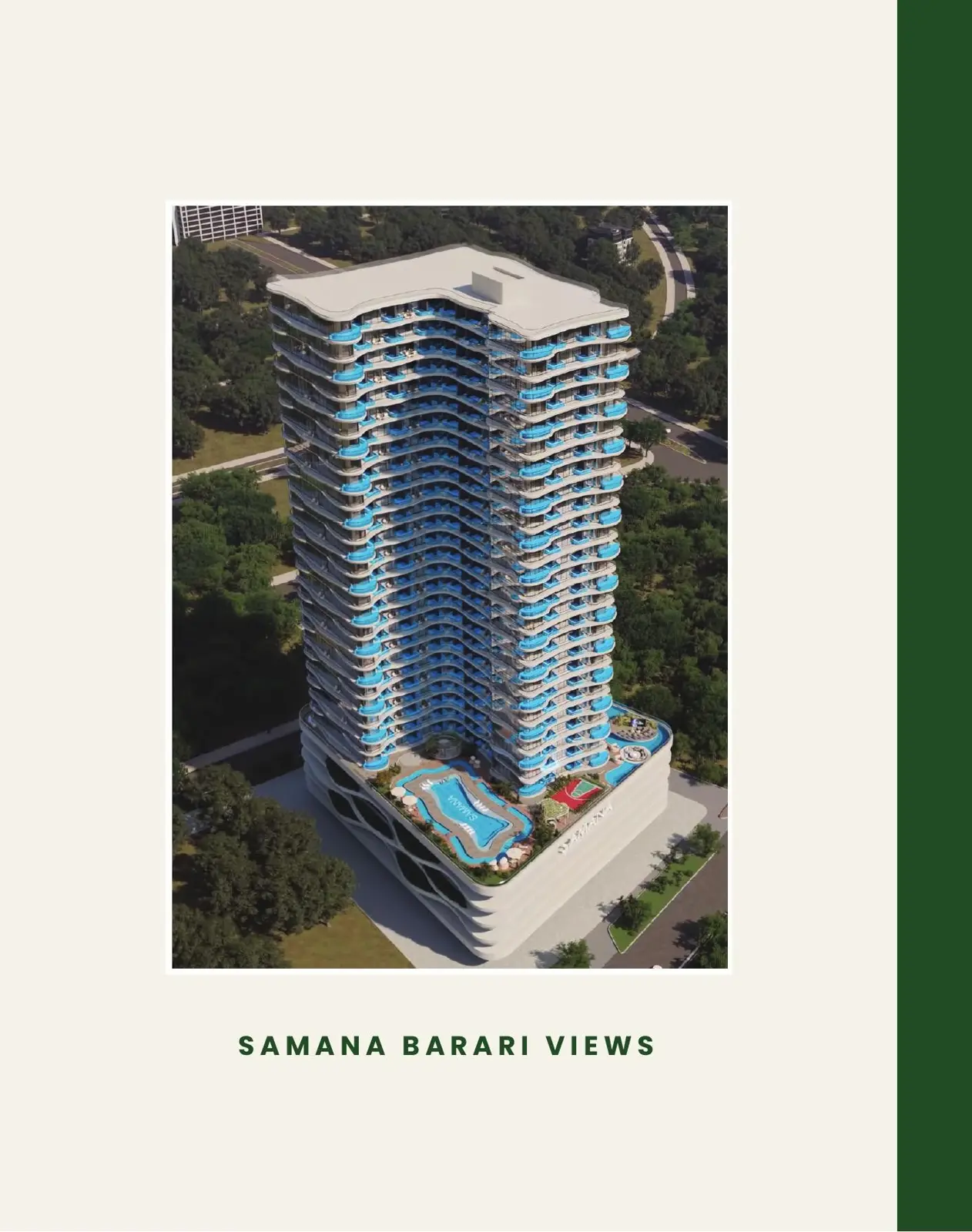 Aerial view of the tower and podium pool deck