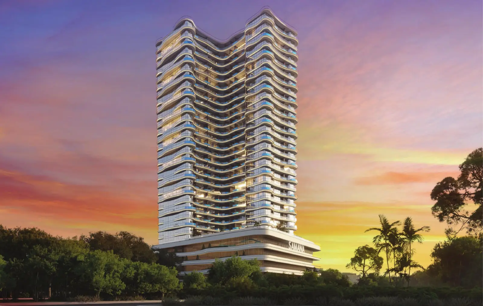 Tower at sunset with wavy balconies