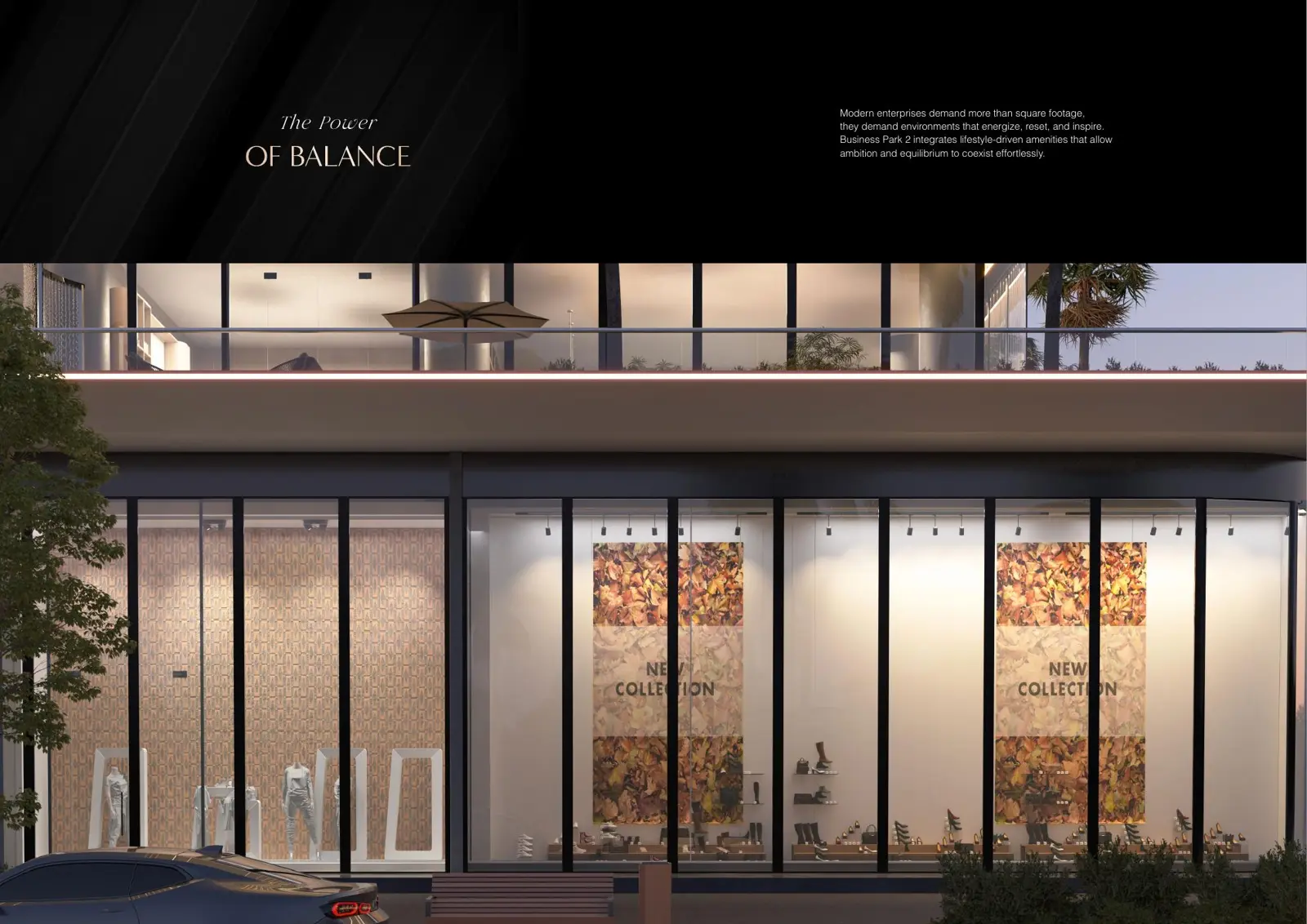 Retail shopfronts at ground level at dusk