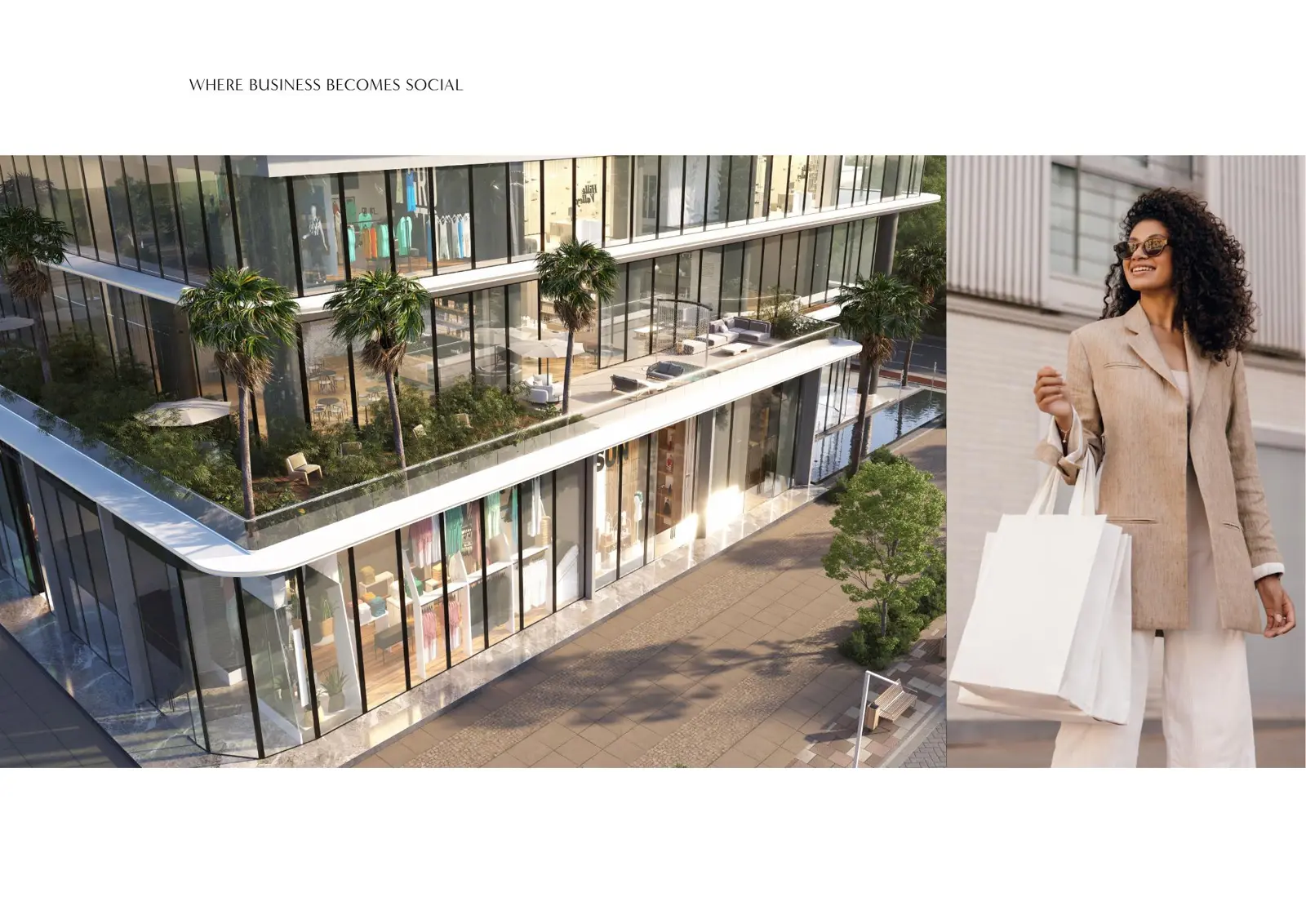 Aerial view of retail terrace with palms