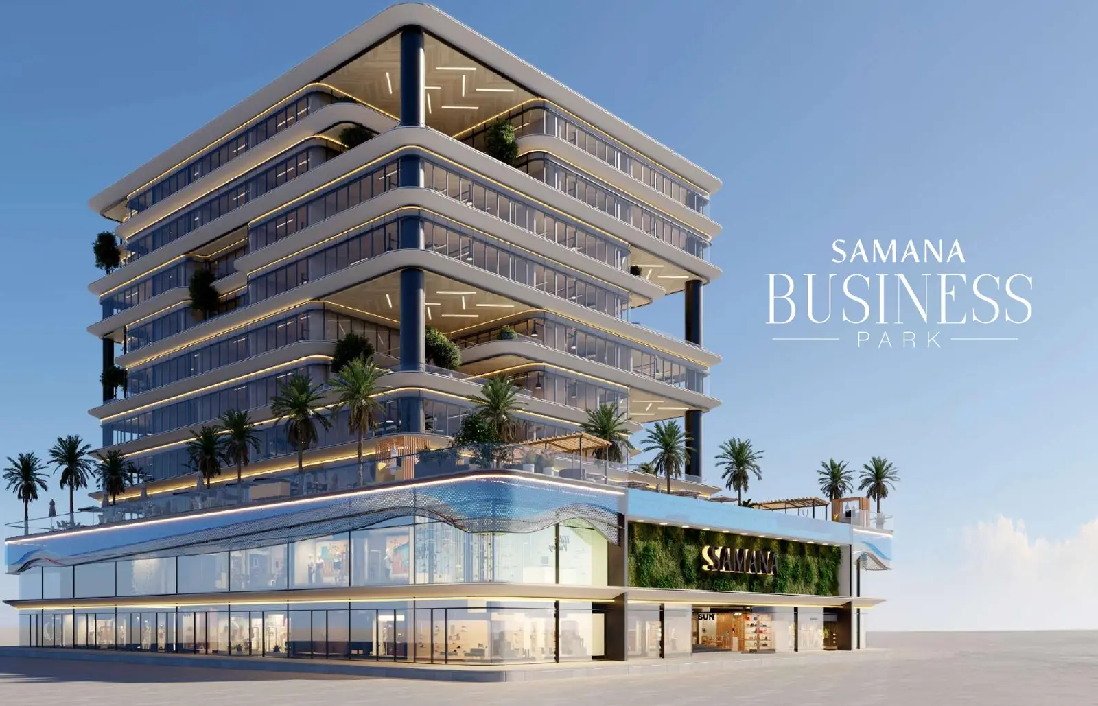Office building with curved floors above a retail podium