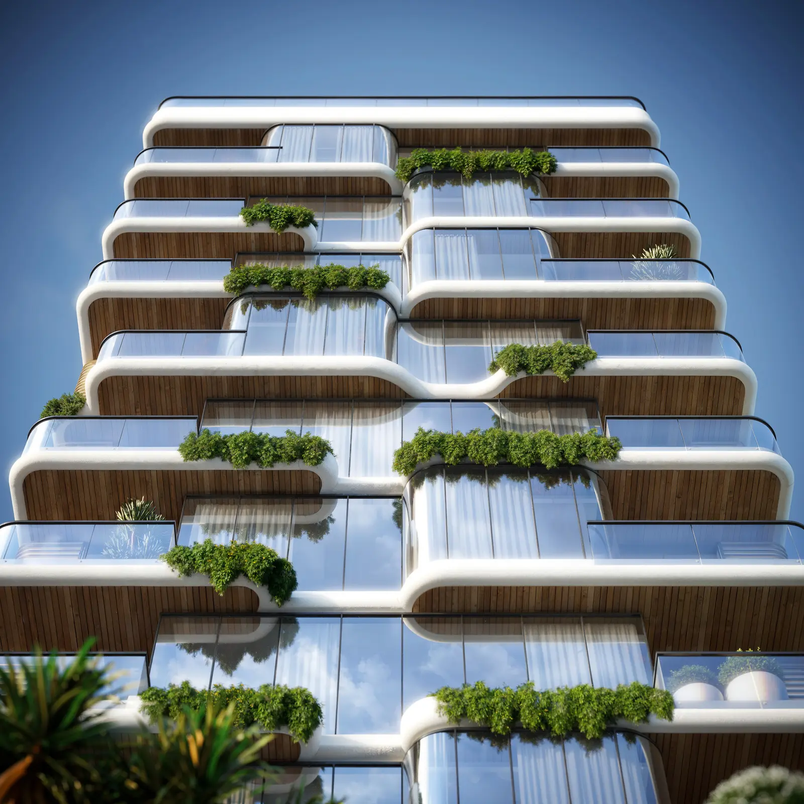 Upward view of curved balconies with planting