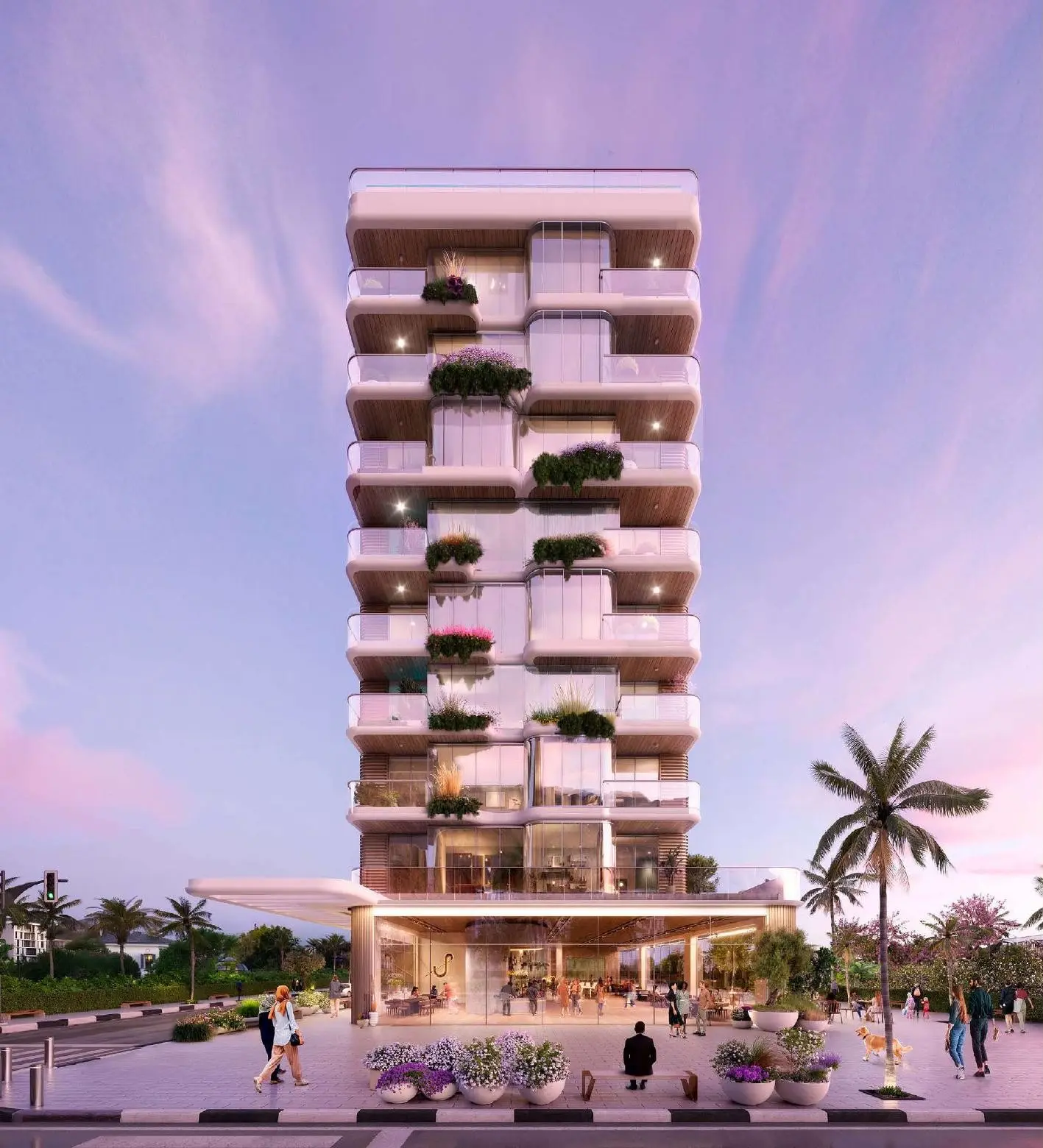 Tower with planted balconies at dusk
