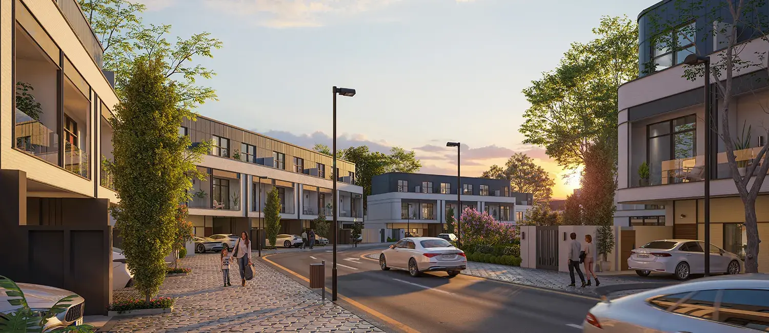 Quiet street with townhouses at sunset
