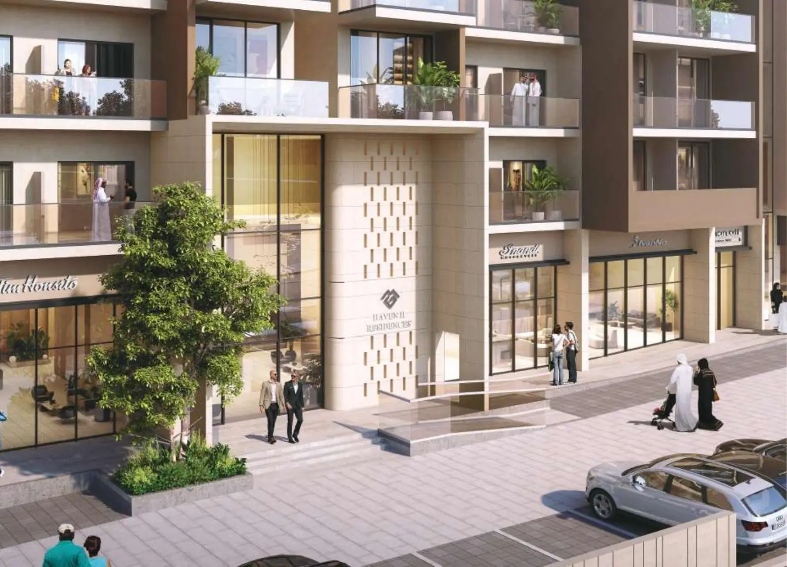 Project picture: The Haven Tower B. Street-level entrance with retail units and amenity icons