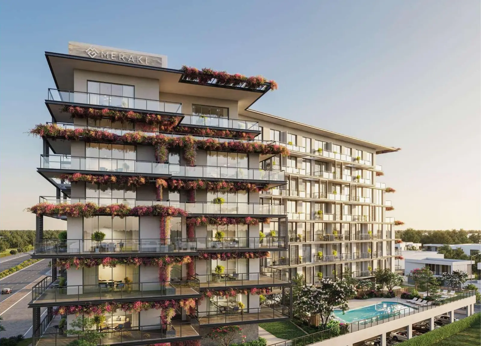 Tower with flowering trellised balconies and pool at dusk