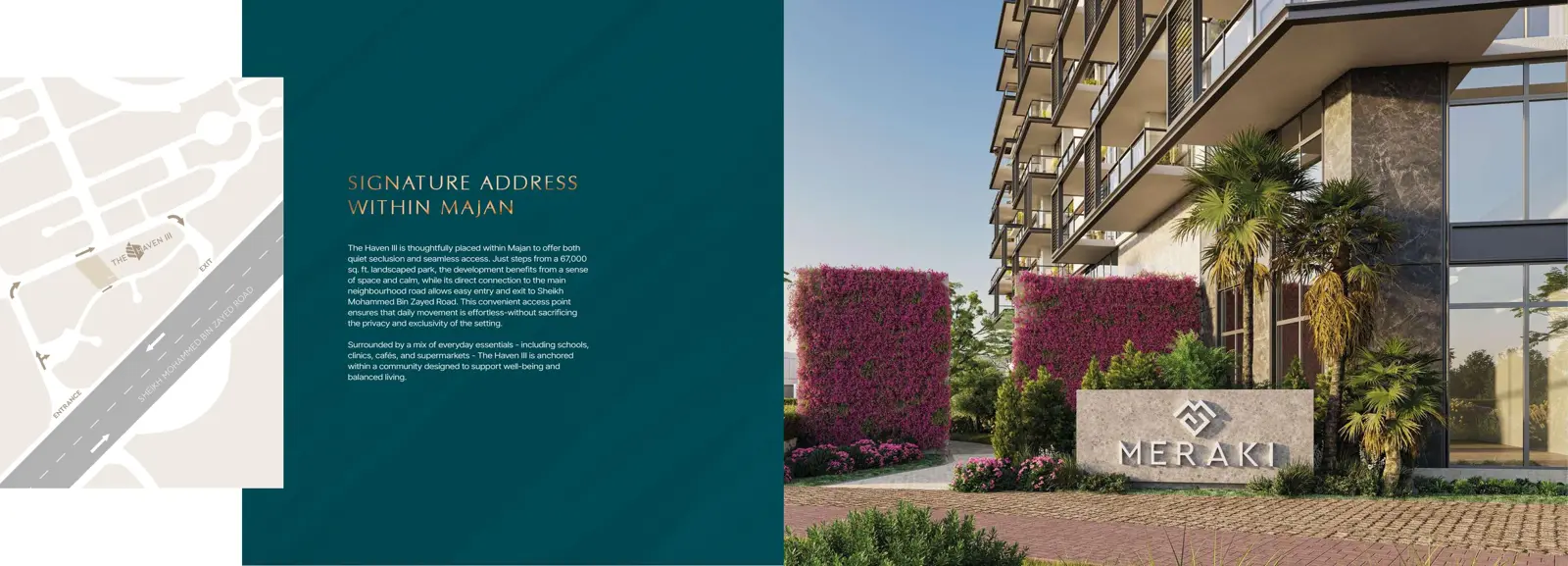 Building entrance with Meraki sign and flowering hedges