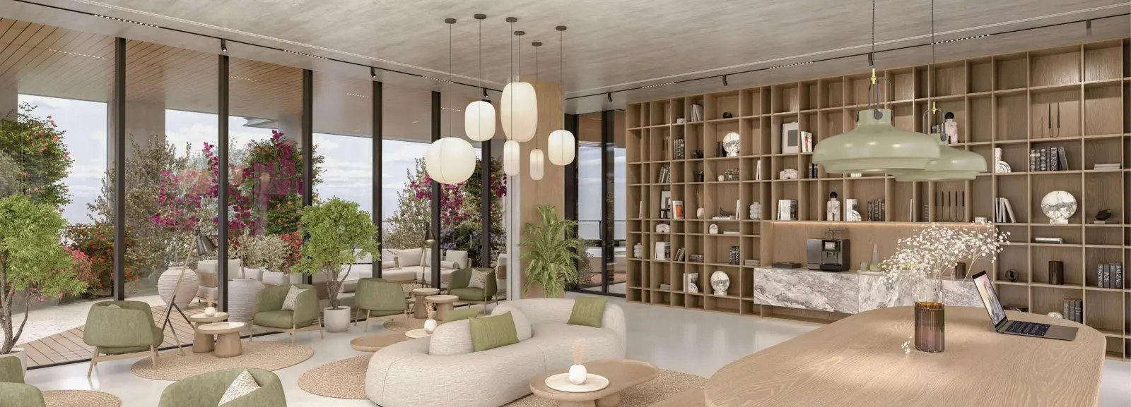 Guest lounge with seating, shelves and terrace view
