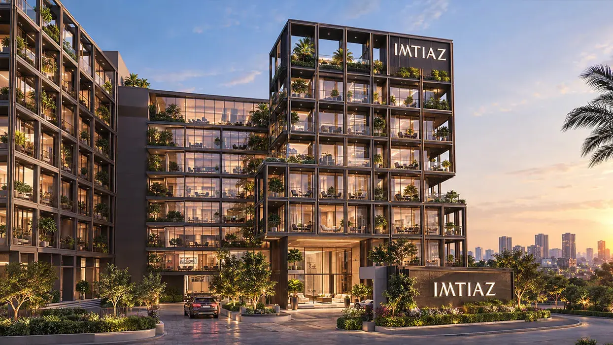 Building facade with planted balconies at sunset