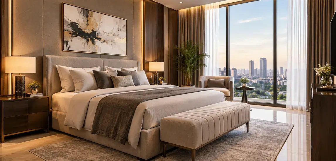 Bedroom with floor-to-ceiling windows and city view