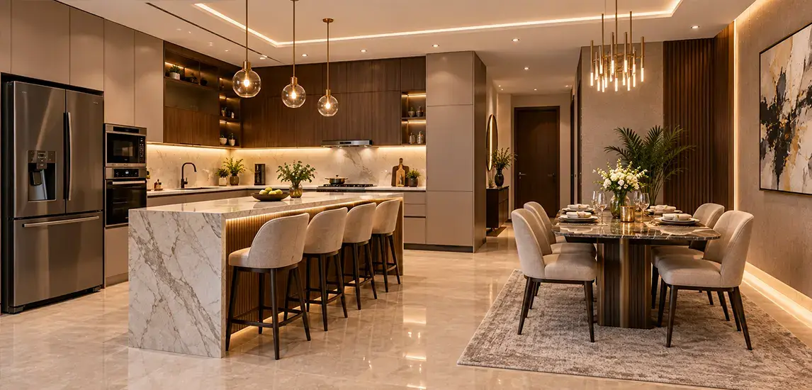 Kitchen with marble island and dining area