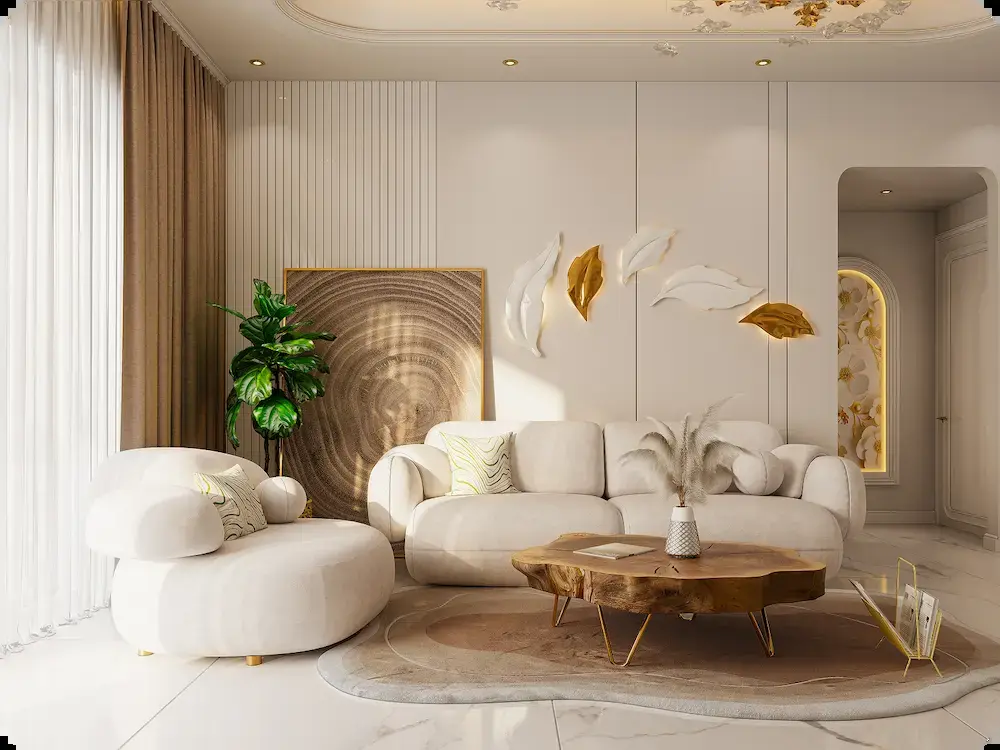 Cream living room with wood coffee table