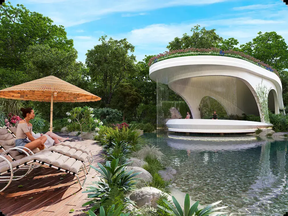 Pool pavilion with water curtain and sun loungers