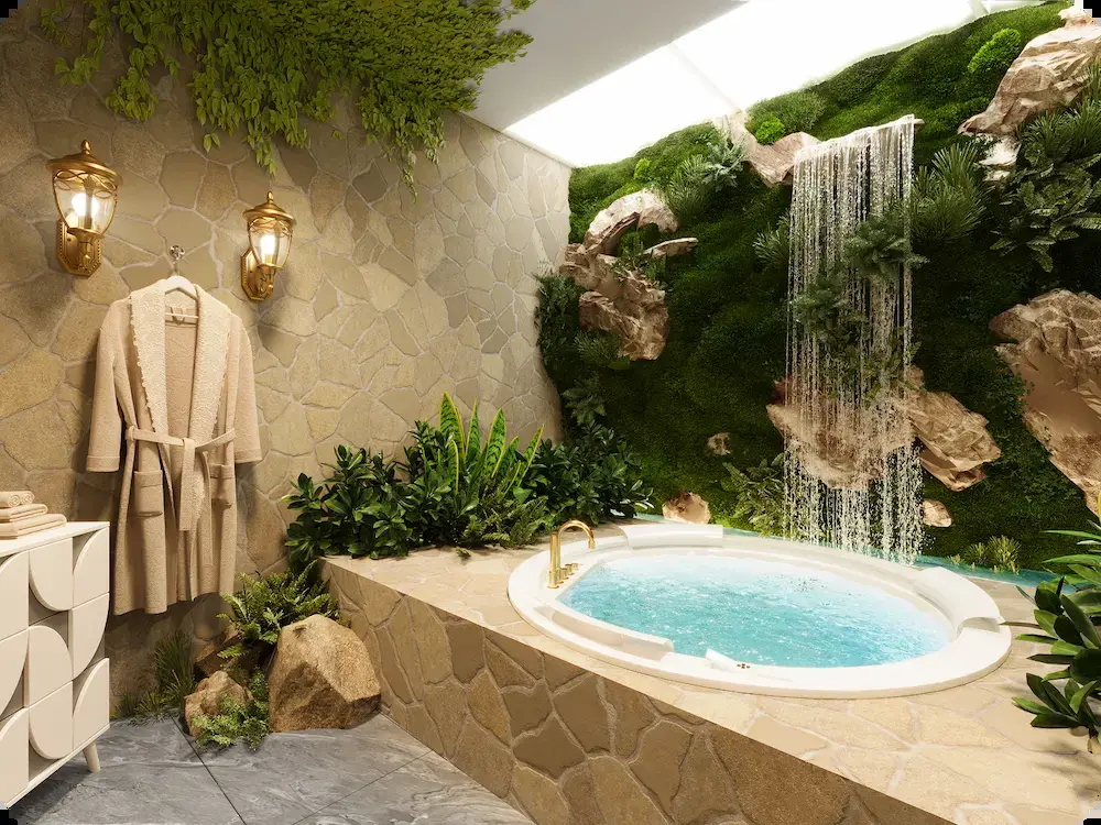 Spa tub with waterfall and moss rock wall