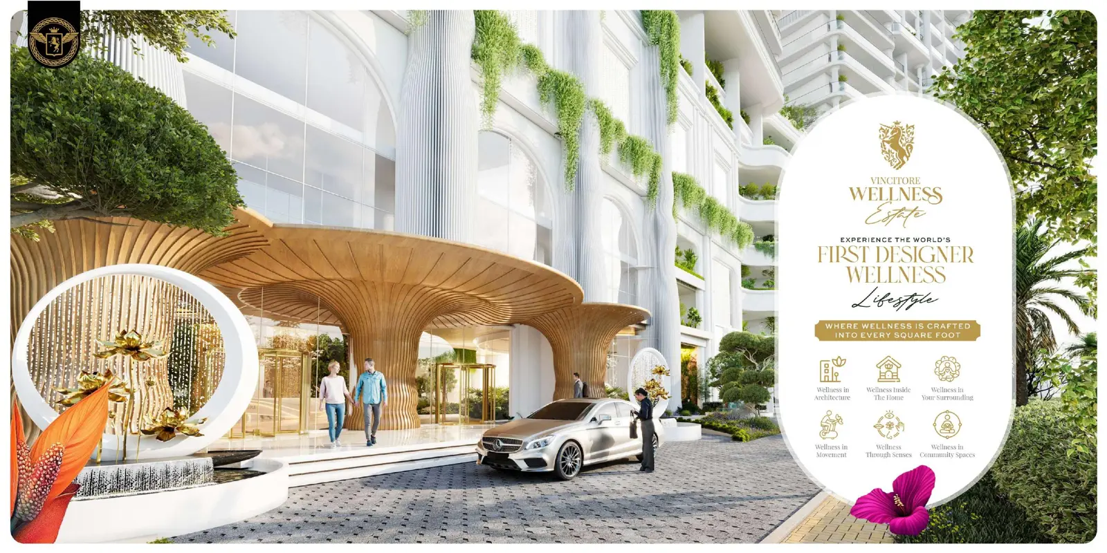 Entrance drop-off under timber canopies with hanging greenery