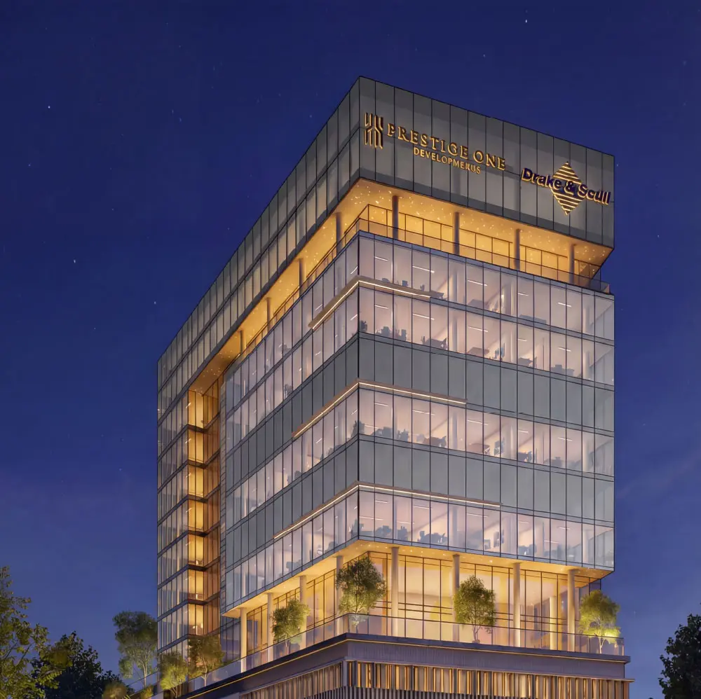 Night view of the lit tower with logos