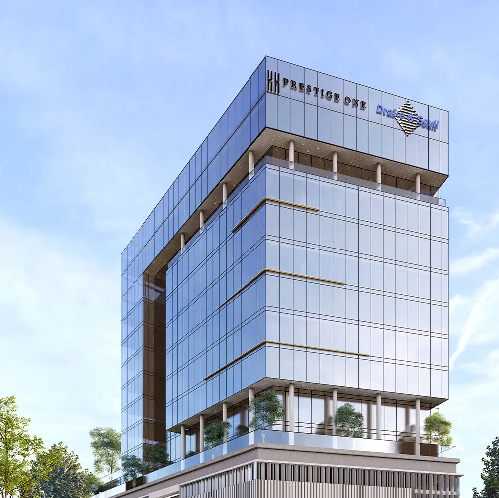 Daytime view of the glass tower and crown