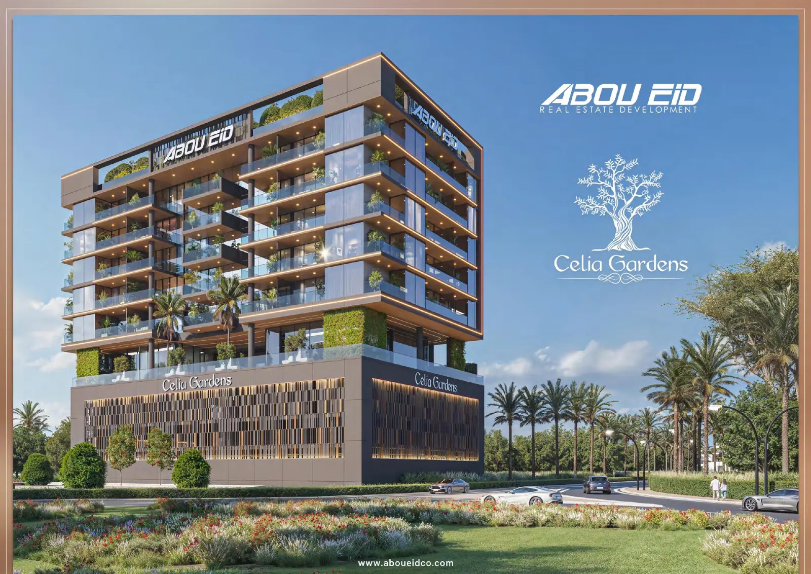 Day view of the Celia Gardens building and podium