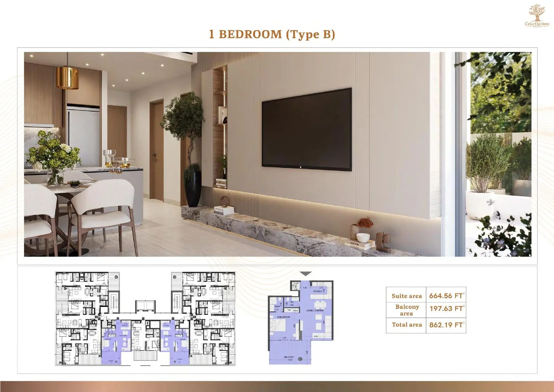 One-bedroom Type B plan with living room render