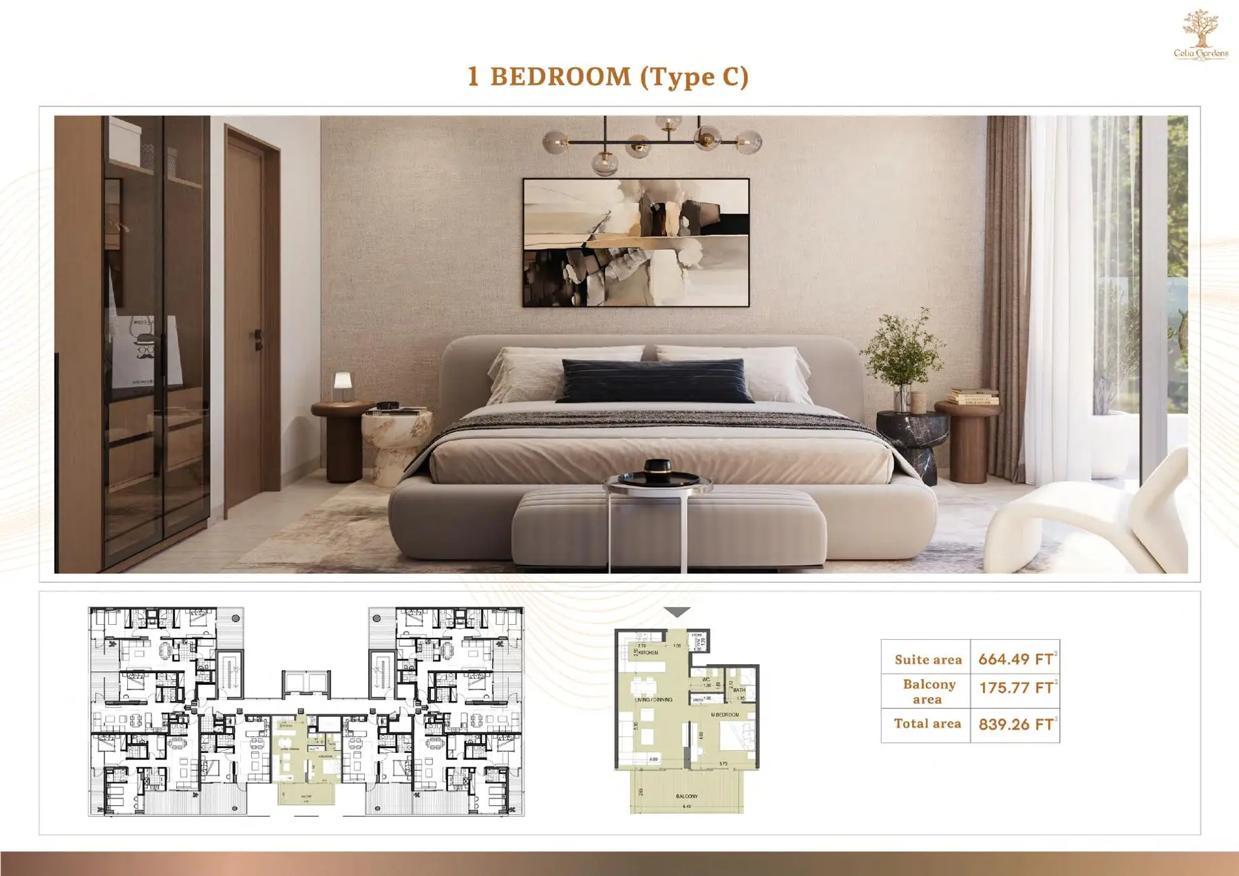 One-bedroom Type C plan with bedroom render