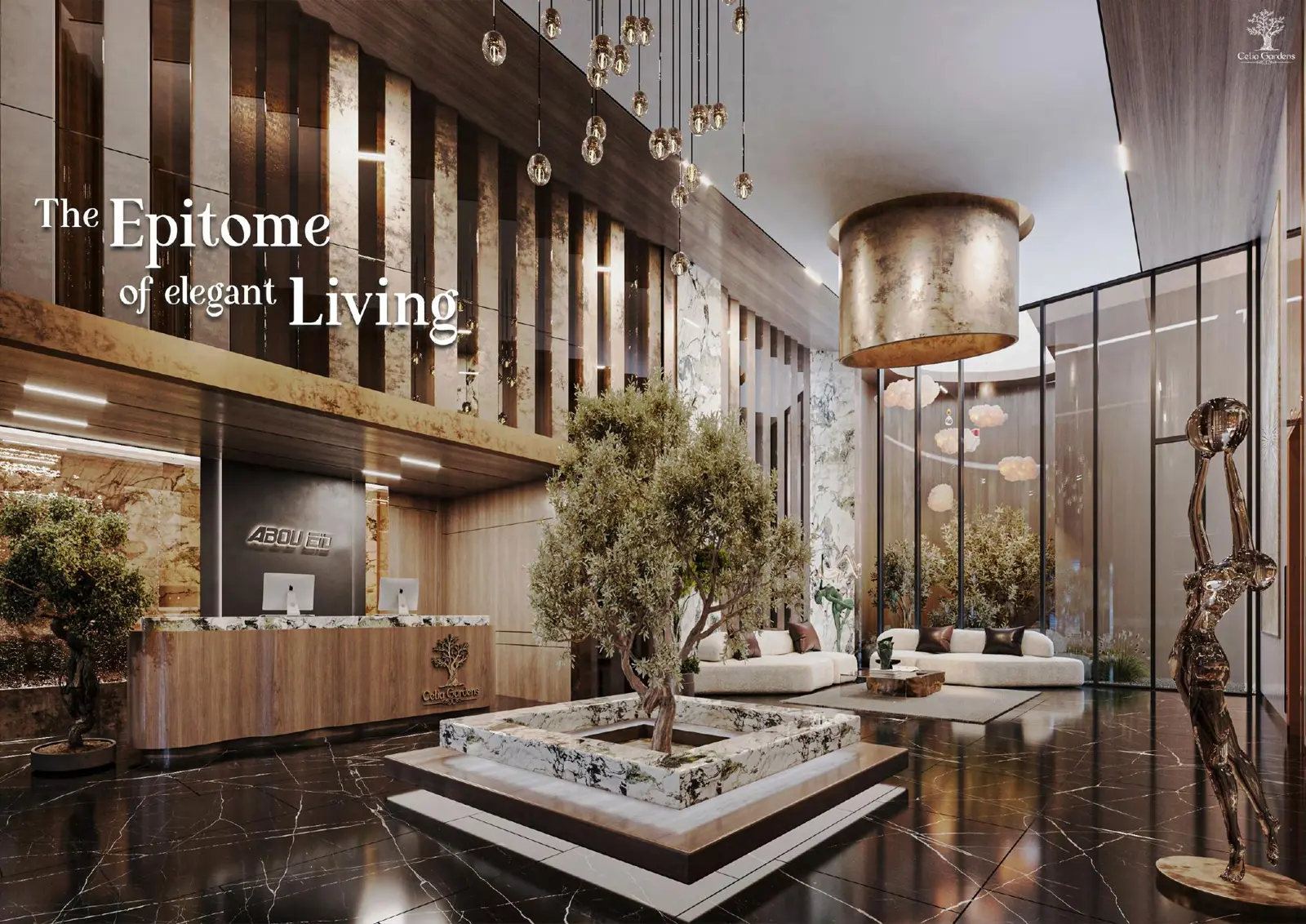 Entrance lobby with olive tree and marble floor