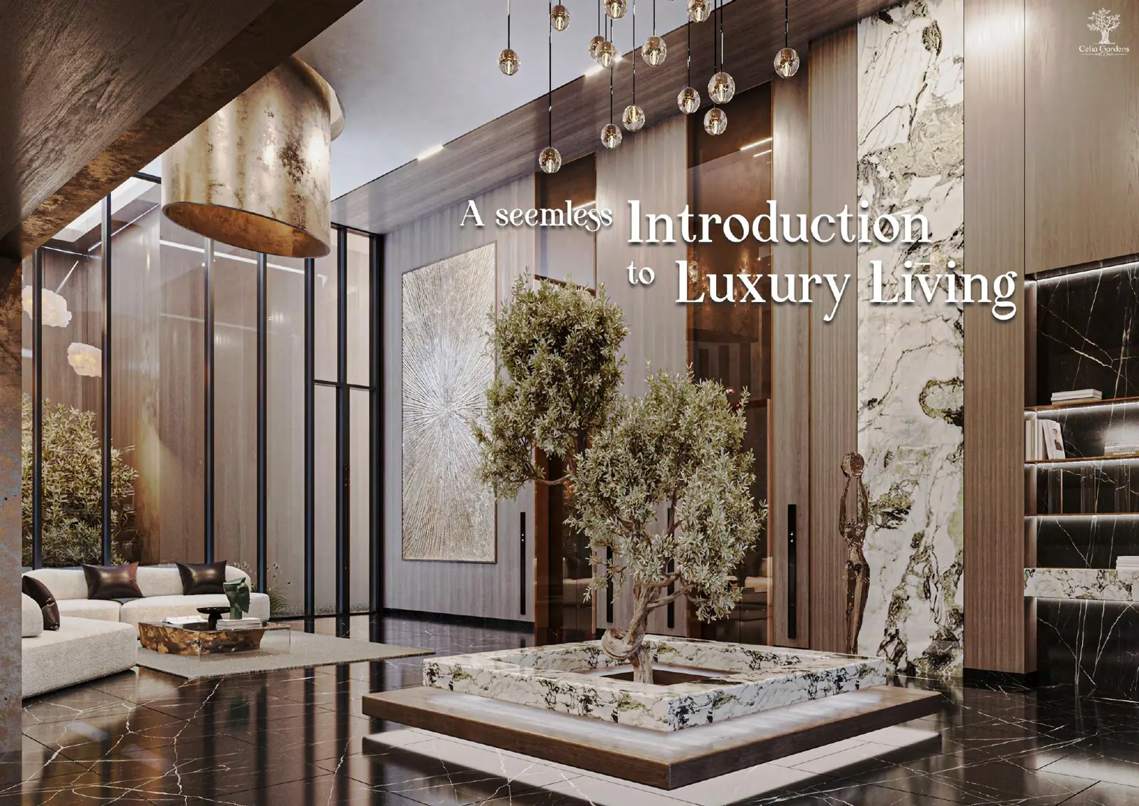 Lobby lounge with olive trees and marble wall