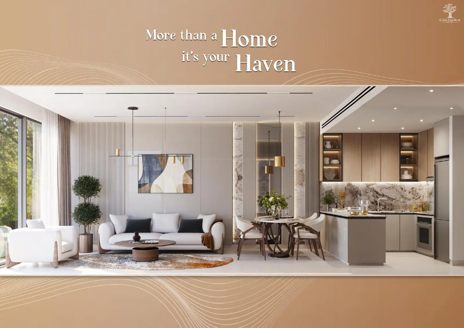 Living room and kitchen of a sample apartment