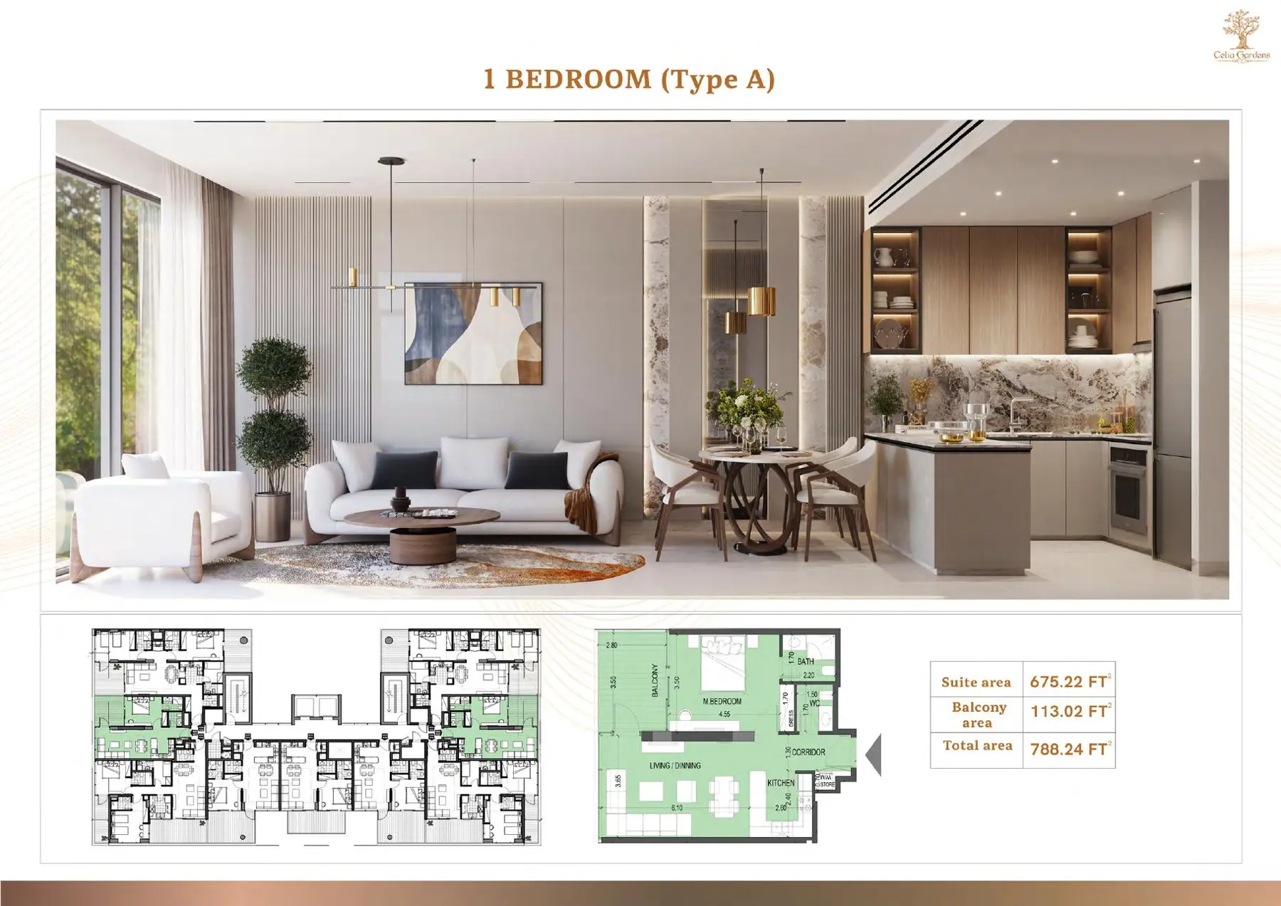 One-bedroom Type A plan with living room render
