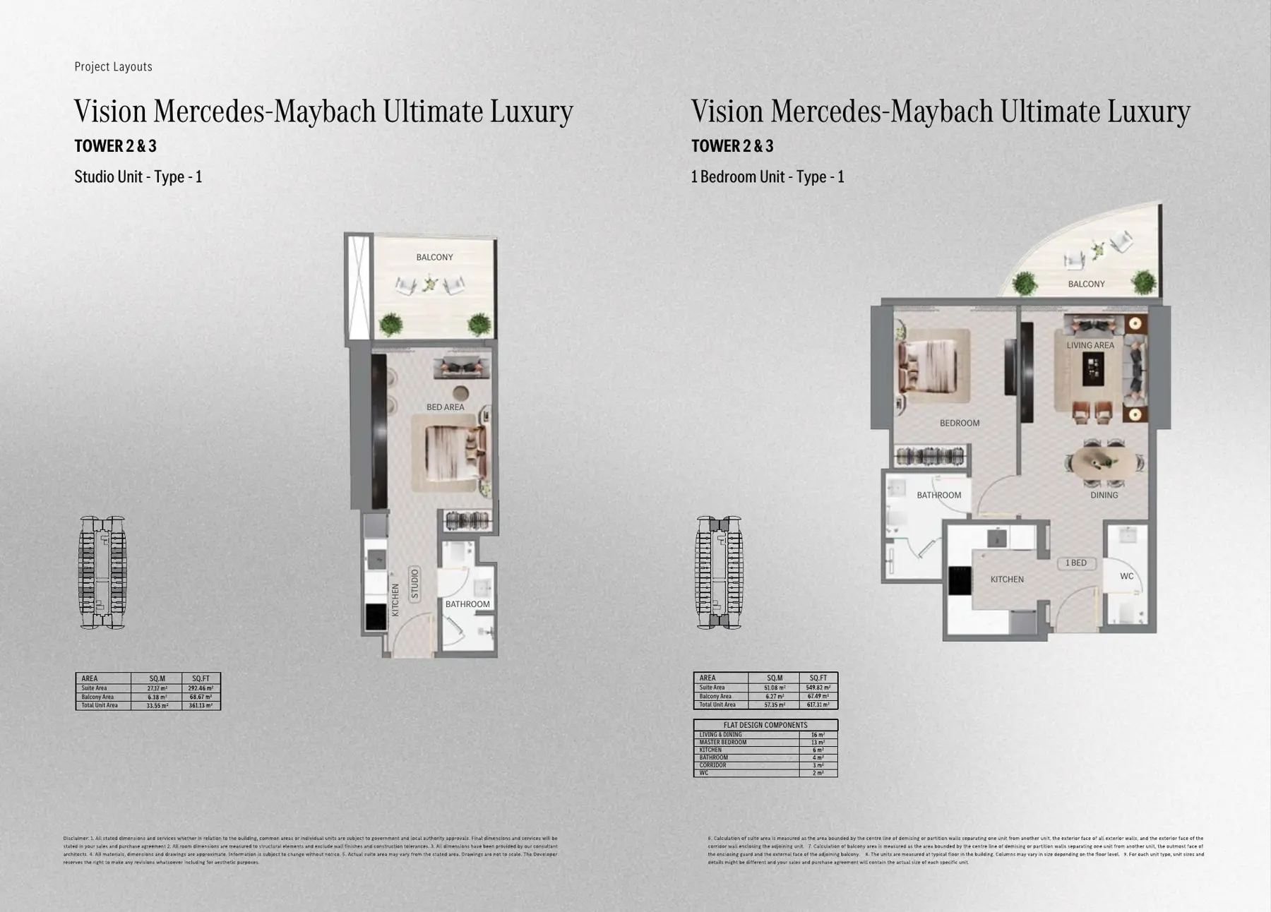 Studio and one-bedroom plans, Towers 2 and 3