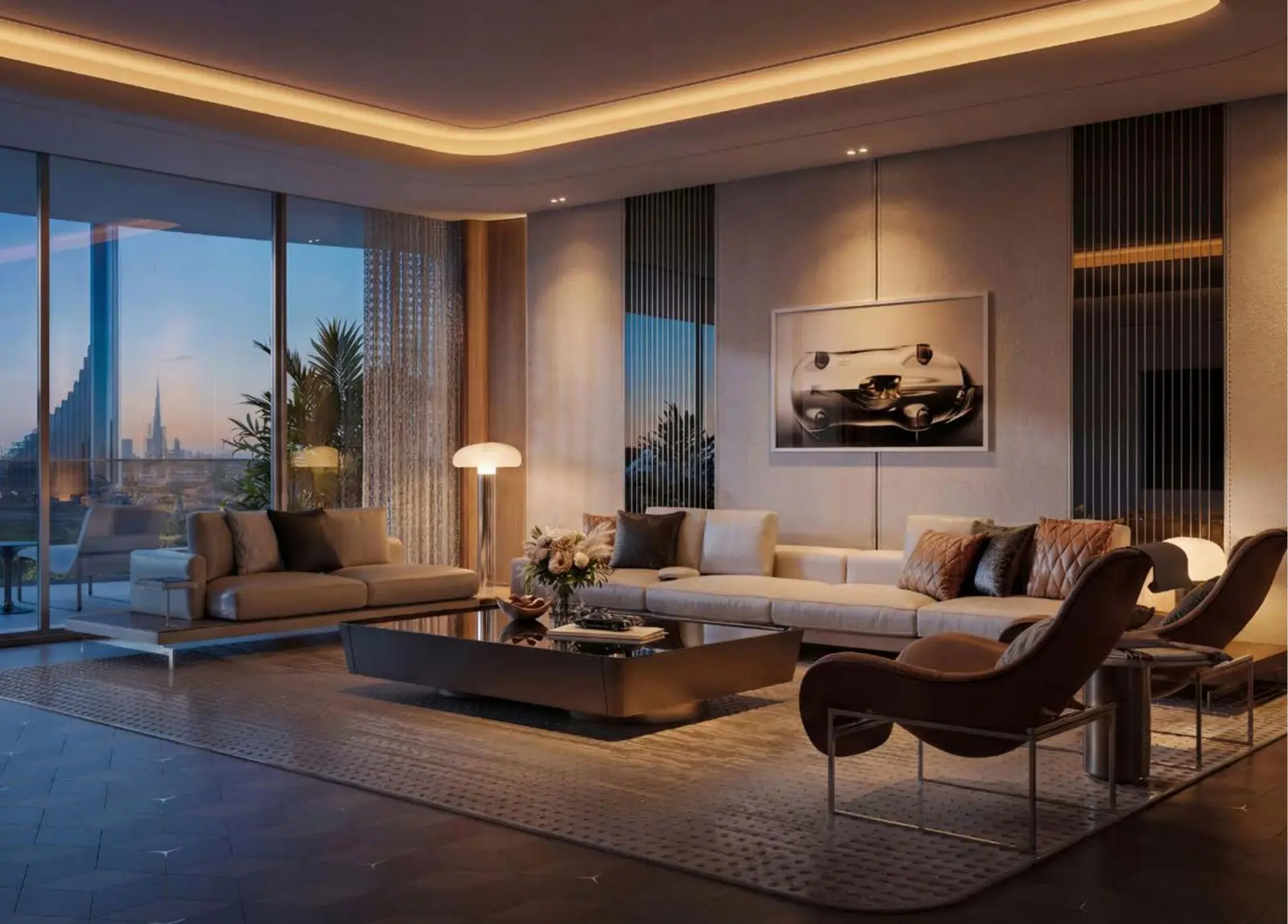 Living room with skyline view through glass wall